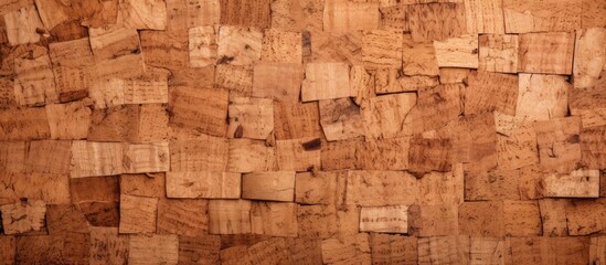 A closeup of a brown rectangle piece of wood that resembles a puzzle, reminiscent of brickwork. Building material with an artistic font, found in a landscape or archaeological site - obrazy, fototapety, plakaty