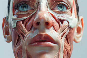 Front view woman closeup face. Human anatomy, skin and muscles - obrazy, fototapety, plakaty