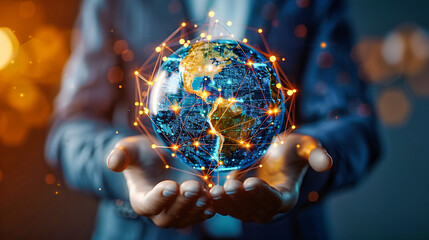 Fototapeta premium Holding the globe in hand, emphasizing environmental care and global connectivity in a business context