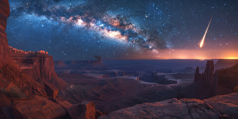 A bright comet flying in sandstone cliffs at night, background, starry sky of canyonlands at night,