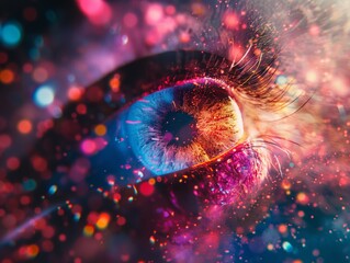 Close-up of an eye with a cosmic, glittering motif suggesting depth and mystery. - obrazy, fototapety, plakaty