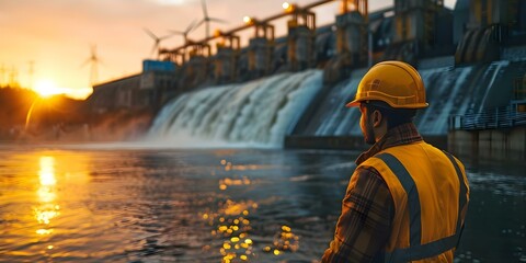 Inspecting Hydroelectric Dam with Turbines as Background for Maintenance Assessment Idea. Concept Hydroelectric Dam Inspection, Turbine Maintenance, Assessing Dam Infrastructure