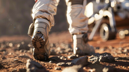 Close-up of astronaut's boots treading across a dusty, rocky surface resembling Mars, with details of the space suit - obrazy, fototapety, plakaty