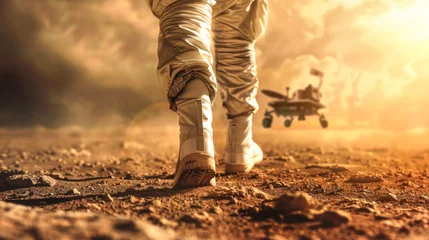 Poster Striking image of an astronaut's boot on a sandy, orange Mars-like surface with a rover vehicle in the background © Fxquadro
