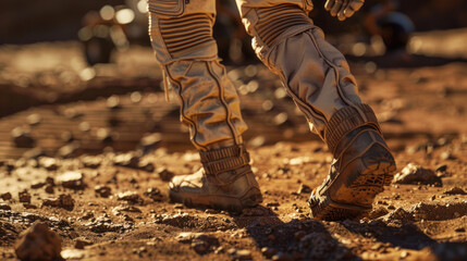 Detailed shot showcasing the astronaut's leg gear while walking on a terrain that simulates the Martian ground