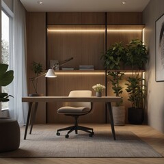 A tranquil home office space designed for focus and calmness, featuring minimalist furniture, soft ambient lighting, and subtle nature-inspired accents