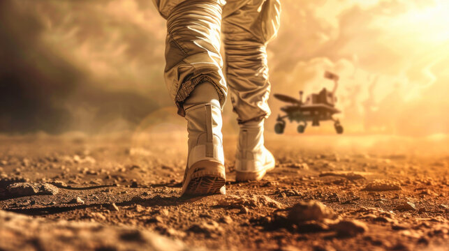 Striking image of an astronaut's boot on a sandy, orange Mars-like surface with a rover vehicle in the background