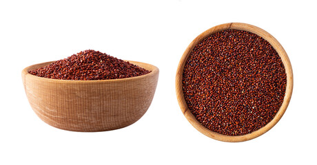 Bowl with red quinoa isolated on white background. Close-up. Grain red quinoa on white background. Whole grain quinoa. Top view and frontal view.