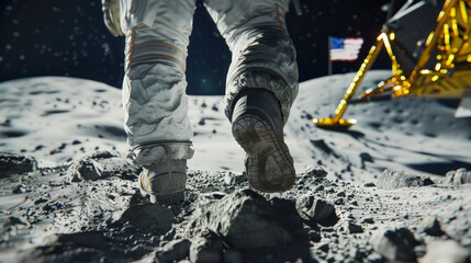 Striking close-up of an astronaut's boots on the Moon, with detailed textures of lunar soil and rocks