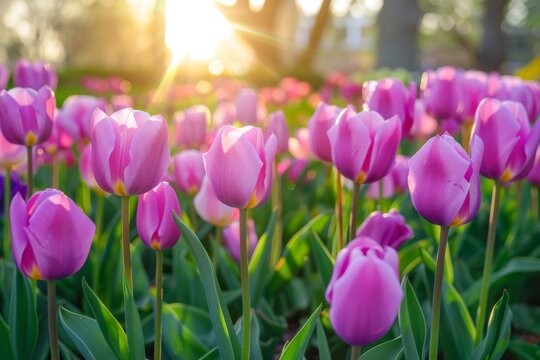 Beautiful natural wide-format image of spring meadow of young bright blooming purple tulips in morning sun in park in nature.