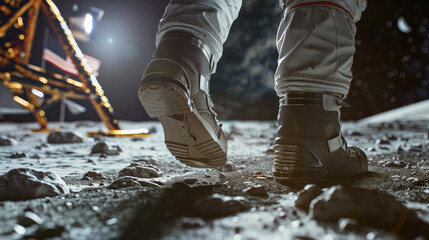 Close-up of astronaut boots on the lunar surface with the lander in the background, capturing the exploration of space