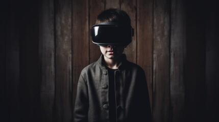 Young kid immersing in virtual reality experience with vr headset on, exploring virtual world