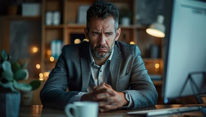 A sad man wearing a suit sitting at his desk, staring at his computer screen with a frown - obrazy, fototapety, plakaty