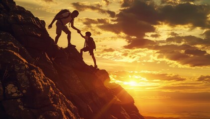 Silhouette of a man and a woman climbing a mountain at sunset
