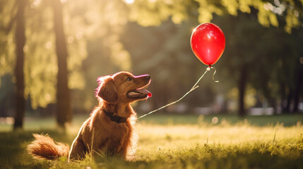 A dog playing with balloons in the park