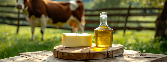 close up of GHI butter on a table in the garden with a cow farm background - obrazy, fototapety, plakaty