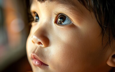  Close-up of a child's eye reflecting a scene, symbolizing innocence and wonder. - obrazy, fototapety, plakaty