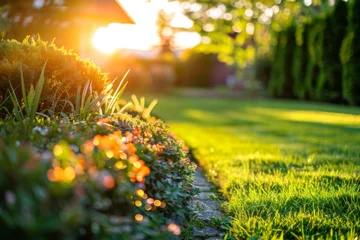 Poster Beautiful manicured lawn and flowerbed with deciduous shrubs on private plot and track to house against backlit bright warm sunset evening light on background. Soft focusing in foreground. © Straxer
