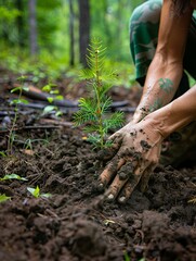 person planting a tree in the forest