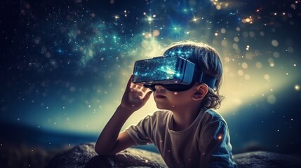 Excited young boy experiencing virtual reality with vr headset, futuristic technology concept