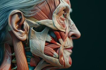 Side view old woman closeup face. Human anatomy, skin and muscles