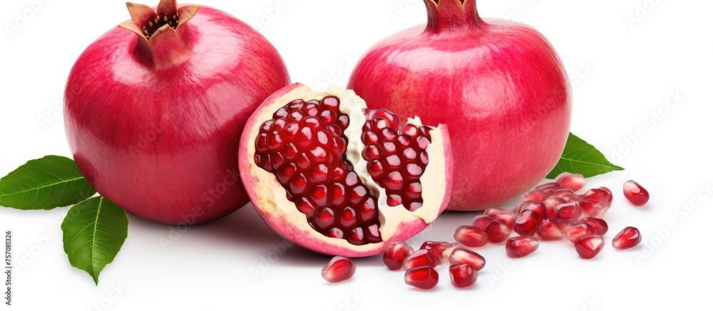 Poster Three pomegranates, a superfood known for its juicy seeds, displayed with leaves on a white background. A staple food and popular ingredient in many cuisines