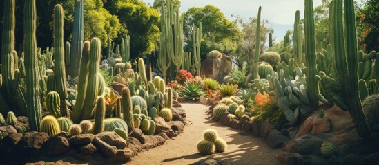 A path lined with various terrestrial plants such as cactus creating a natural landscape in a garden