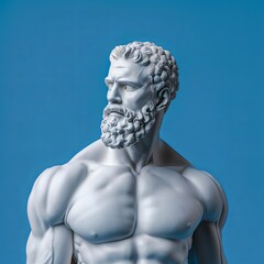 Bodybuilder male Greek Sculpture with Muscles on blue background