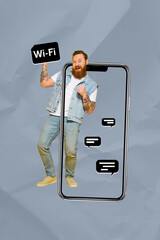 Vertical collage young man smartphone screen chat wifi internet connection wireless communication...