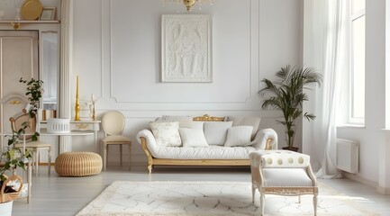 White, beige and gold furniture and decorations in living room