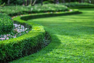 Beautiful manicured lawn and flowerbed with deciduous shrubs on plot or Park outdoor. Green lawn closely mowed as grass background. - obrazy, fototapety, plakaty
