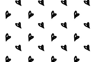 Heart black and white pattern in doodle style. Symbol of love. Vector seamless texture with black hearts.