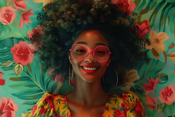 A black girl with pink glasses and big hair is smiling while laying on her back in an overhead shot. In the background is green floral wallpaper. 