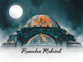 Fototapeta premium Ramadan Mubarak Mosque moonlight art. Generative ai