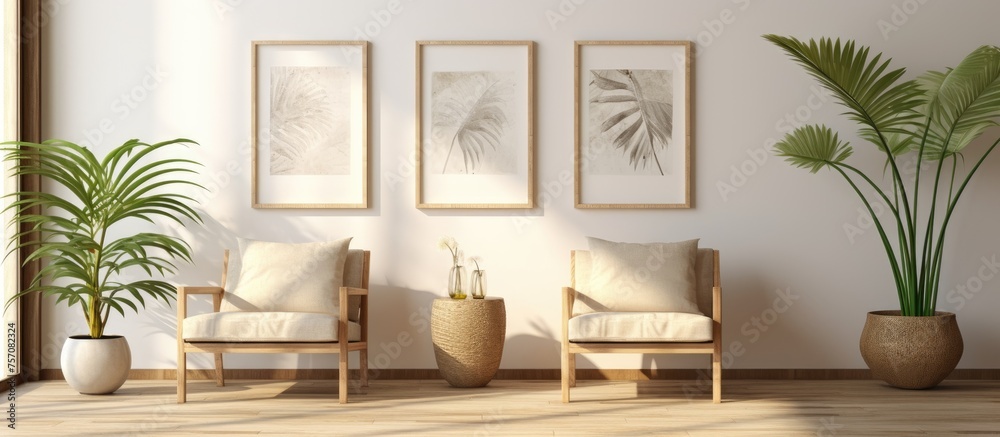 Canvas Prints the room contains two chairs and two potted plants, along with a picture frame on the wall. the deco