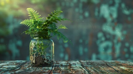Fern Thriving in Antique Key-Filled Mason Jar on Reclaimed Wood Surface with Dawns Early Light - obrazy, fototapety, plakaty
