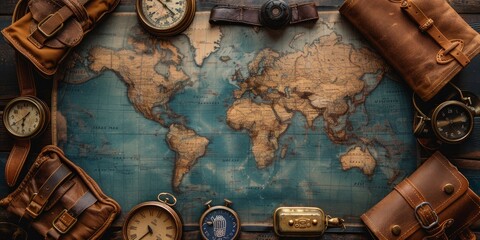 Vintage travel accessories and map on wooden background. Top view.