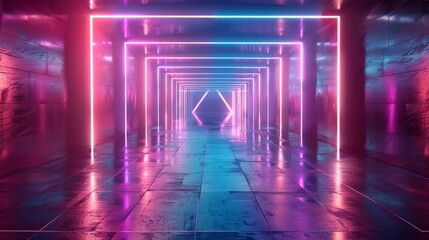 Abstract neon light tunnel with geometric lines and glowing triangles