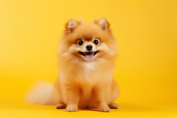 Happy Pomeranian spitz puppy dog. Portrait on a yellow background. - obrazy, fototapety, plakaty
