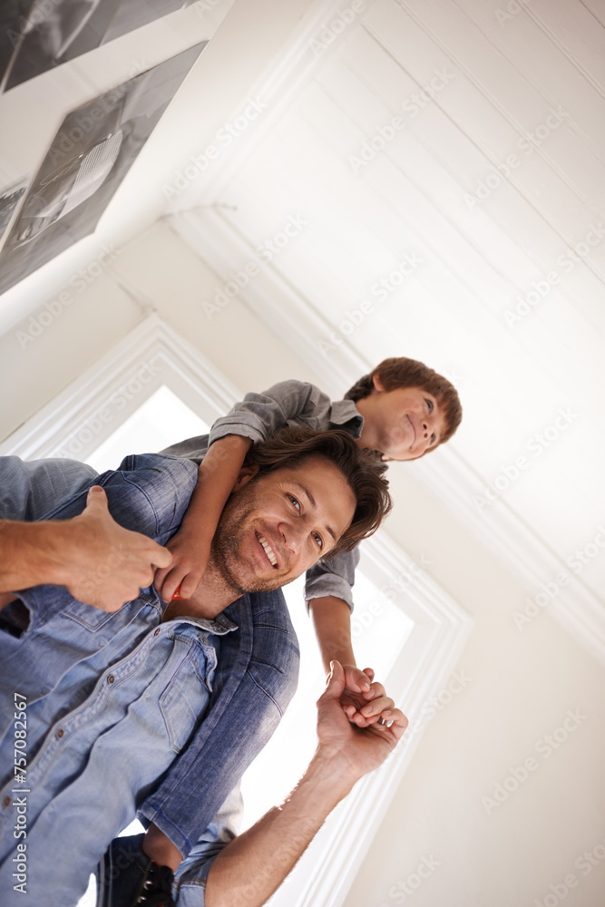 Poster father with boy on his shoulders, portrait and home with smile and love with single parent and happi