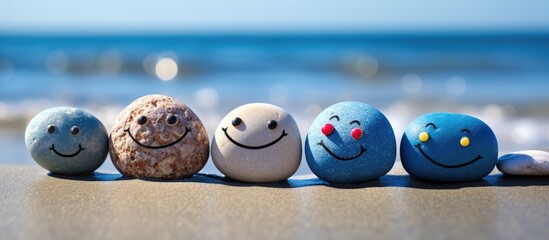 a row of rocks with smiley faces on them on the beach . High quality