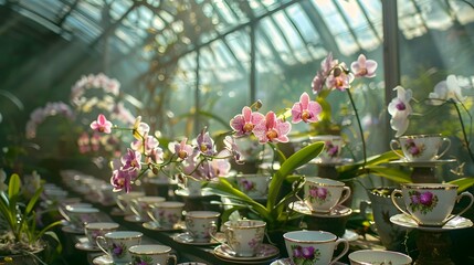 Porcelain Teacups Adorned with Orchid Blossoms in a Luminous Glasshouse