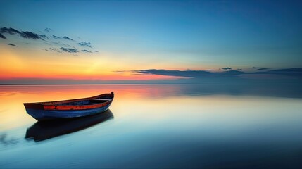 Naklejka premium Tranquil Dawn: A Boat on Calm Sea Symbolizing New Beginnings and Peace