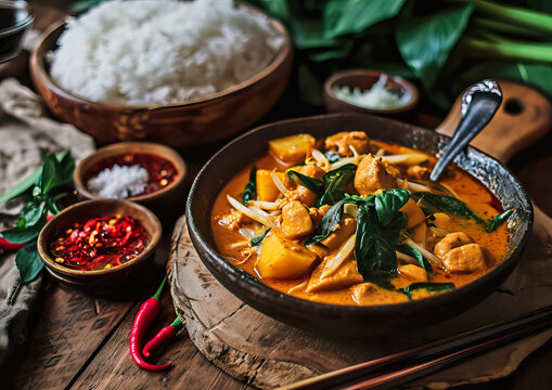 Massaman Curry, Thai Cuisine, angle view, ultra realistic food photography