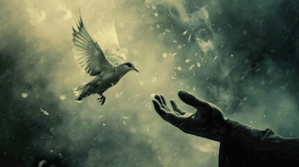 Yearning for Freedom: Person Reaching Out to Bird in Flight Representing Hope and Aspiration Towards Longing for Escape and Tranquility in Nature