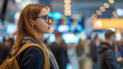 Young woman awaits her flight at airport