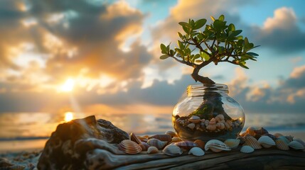 Bonsai Tree Thriving in Seashell-Filled Jar on Driftwood Platform at Sunset Beach - obrazy, fototapety, plakaty
