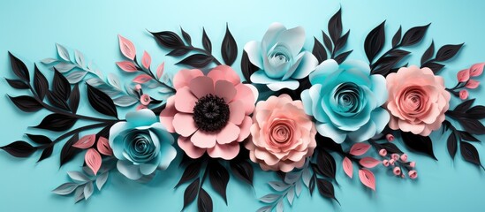 A creative arts project featuring a bouquet of paper flowers with leaves, inspired by the Rose family, set on an electric blue background - obrazy, fototapety, plakaty