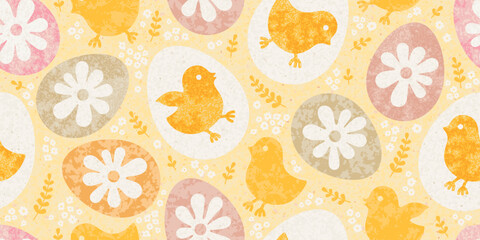 Easter pattern background. Egg, flower, chicken in y2k style. Yellow spring seamless vector in pastel colors with symbols of Easter. Abstract retro floral pattern with cute chickens and spring flowers - obrazy, fototapety, plakaty