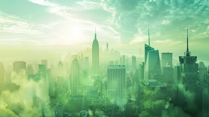 Futuristic City Skyline with Green Filter Overlay showcasing Eco-Friendly Technology Integration and Renewable Energy
